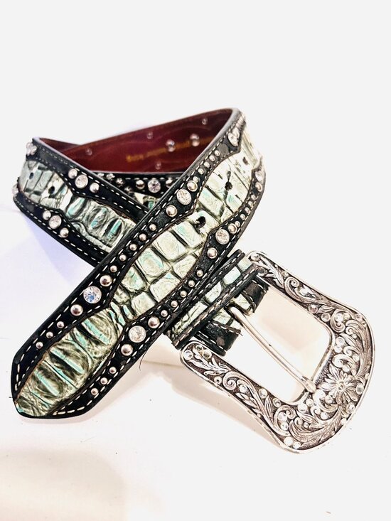 Ariat Women\'s Leather Mix Medium Women\'s Rhinestone Studded Belt-Black/Green- main image 13
